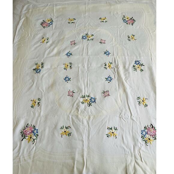 Vtg Embroidered Tablecloth Wild Flowers Crewel Long Stitch Handmade Completed N - Picture 1 of 14